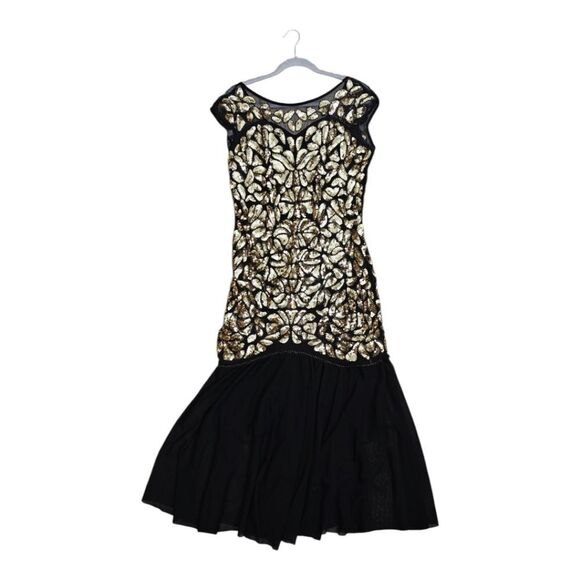 Black and Gold Embroidered Embellished Beaded Sequin Maxi Dress Size L - Picture 8 of 10